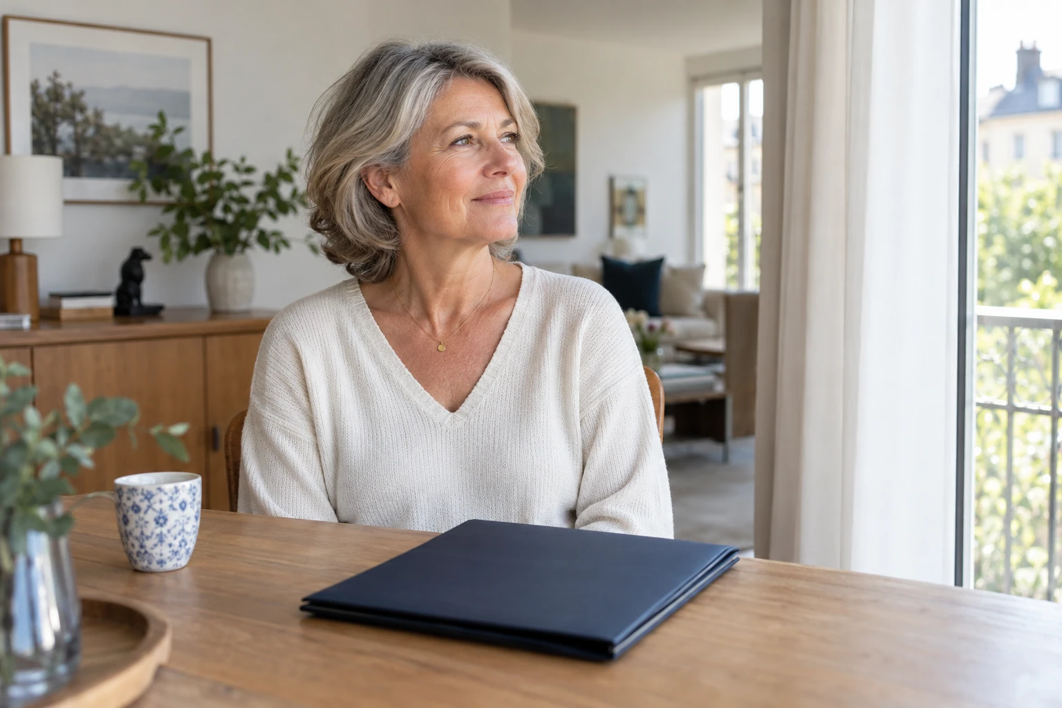 Femme d'âge mûr assise à table près d'une fenêtre, dossier bleu et tasse visible