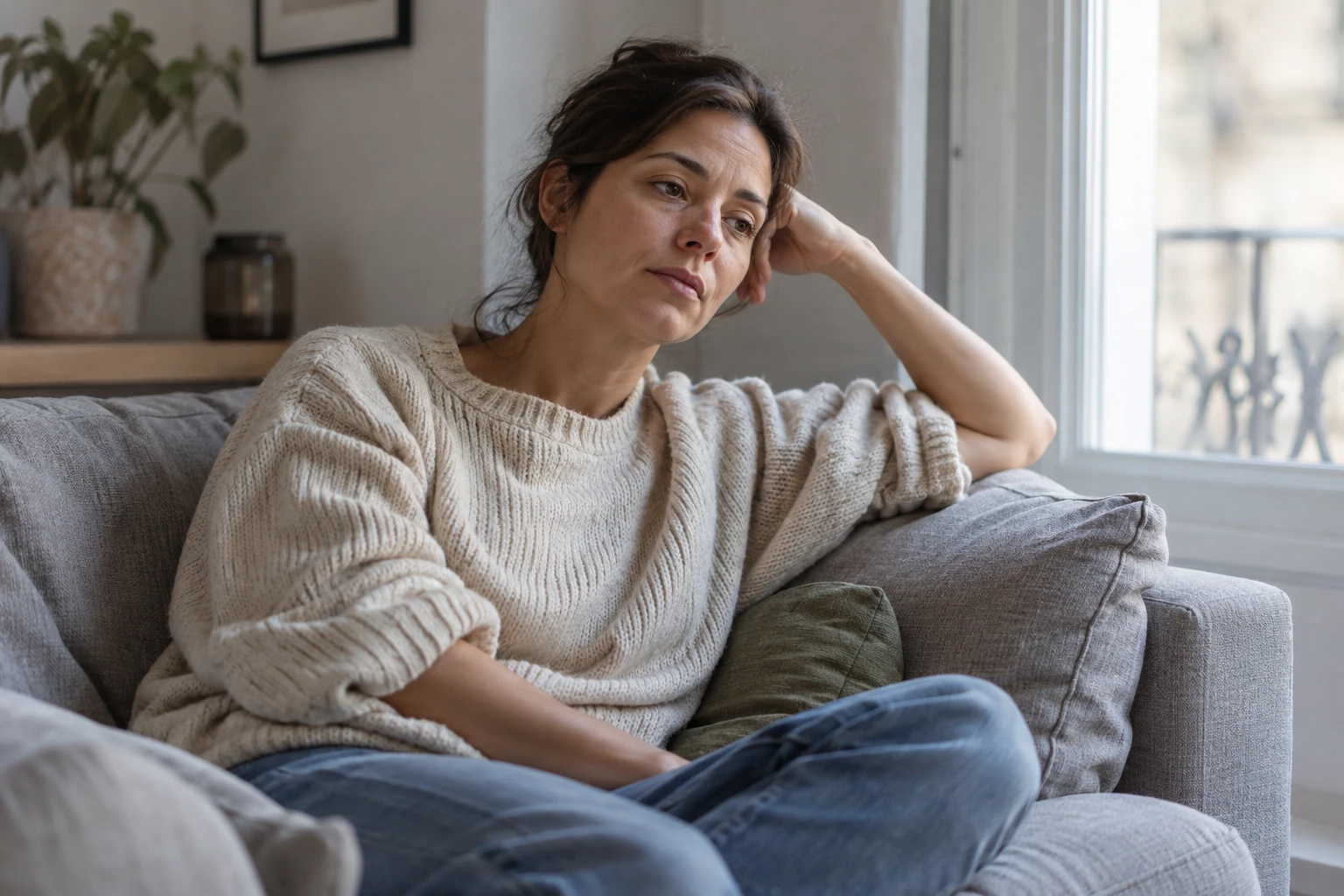 Femme assise sur un canapé, air fatigué et pâle, regard pensif vers la fenêtre
