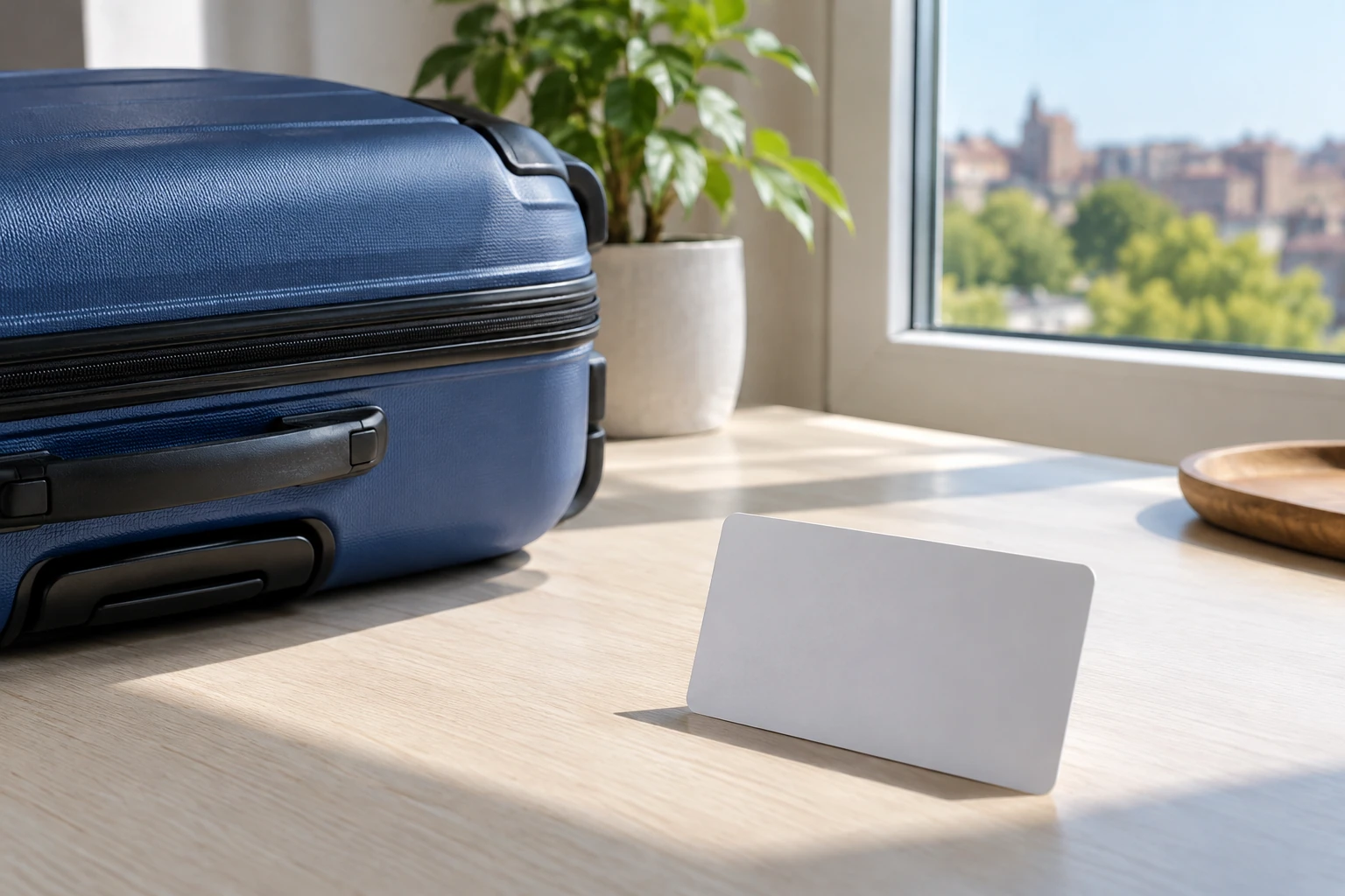 Valise bleue posée près d’une fenêtre, carte blanche debout sur une table