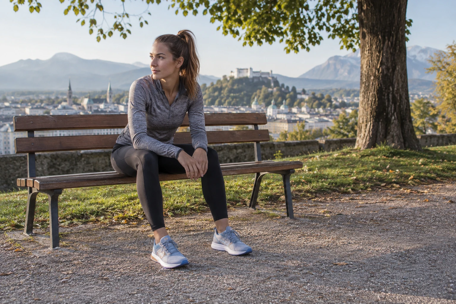 Femme en tenue de running assise sur banc, récupère après course, paysage urbain arrière-plan