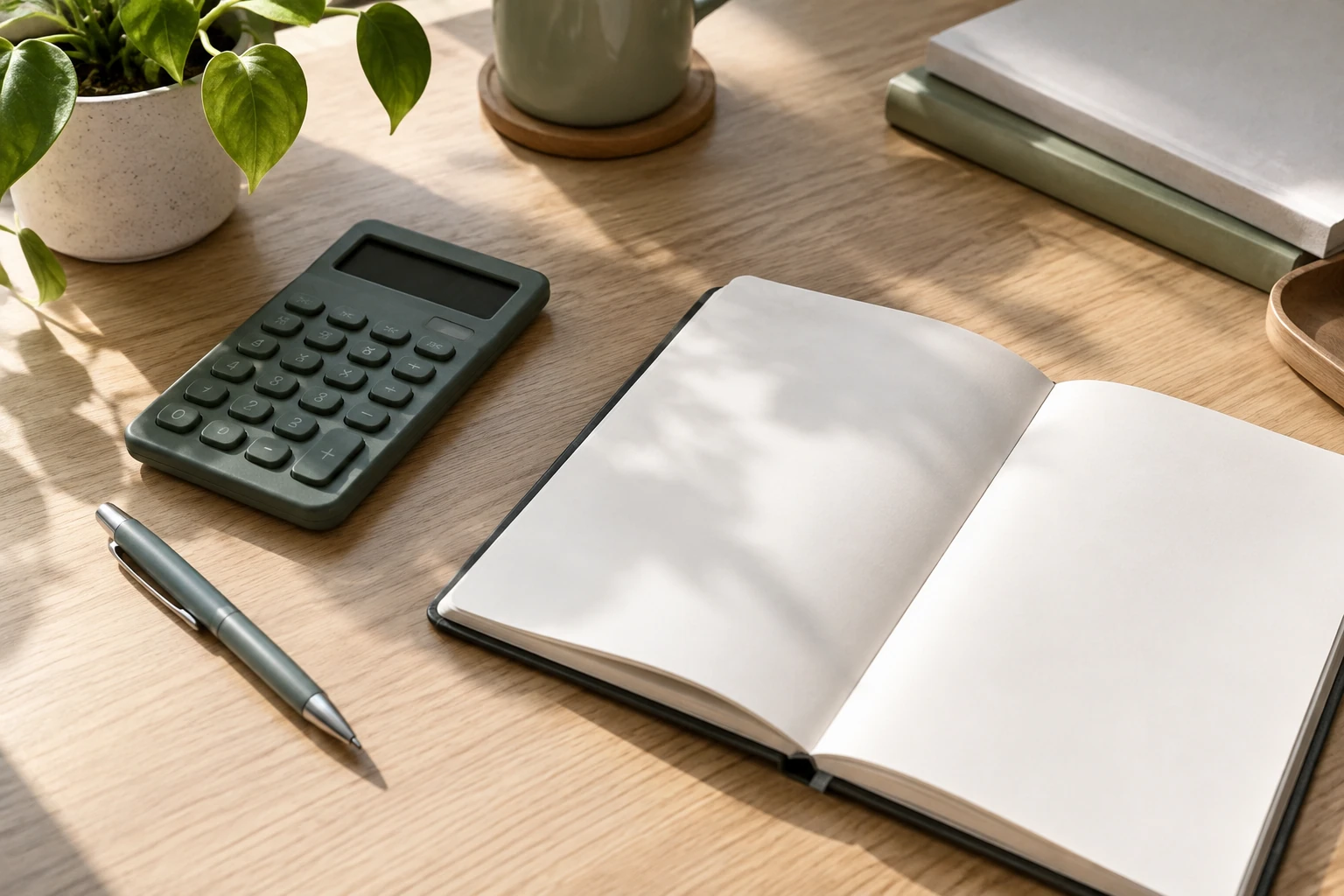 Calculatrice, carnet ouvert, stylo et plantes sur bureau en lumière naturelle