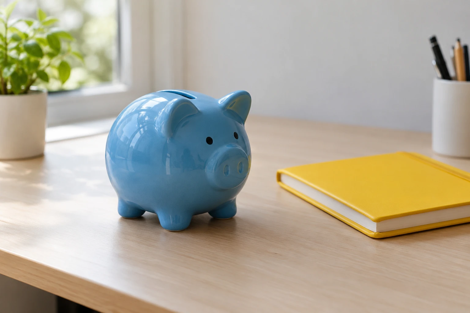 Tirelire cochonne bleue sur bureau en bois près d’un carnet jaune et plante