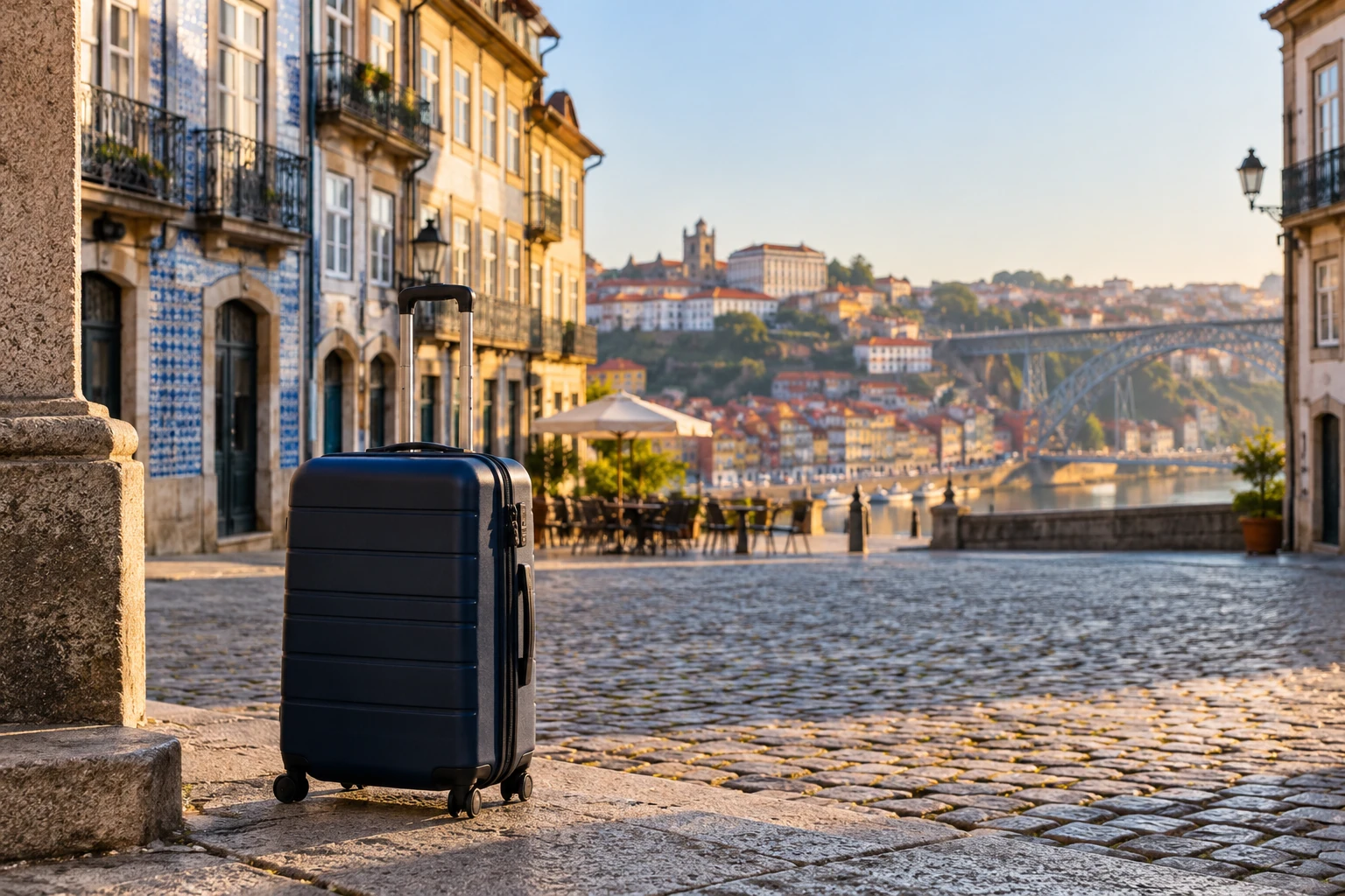 Valise noire sur pavés face à terrasse et rivière au lever du soleil